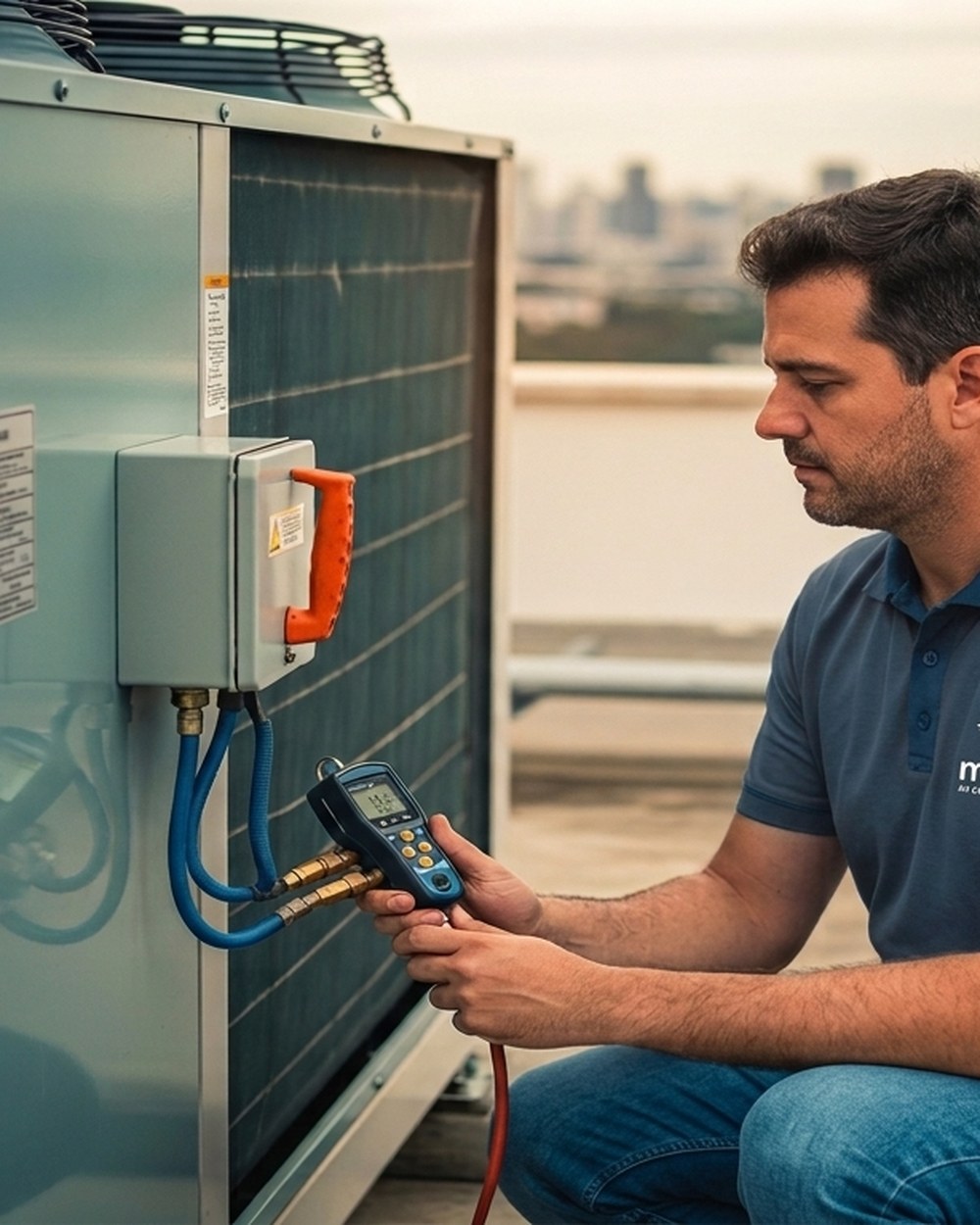 Técnico MBM medindo pressão de refrigerante em condensadora durante manutenção mensal