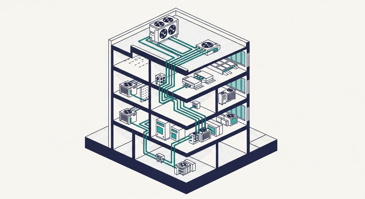 Diagrama isométrico de sistema VRF — condensadora central distribuindo fluido refrigerante para múltiplas unidades internas em prédio multi-andar