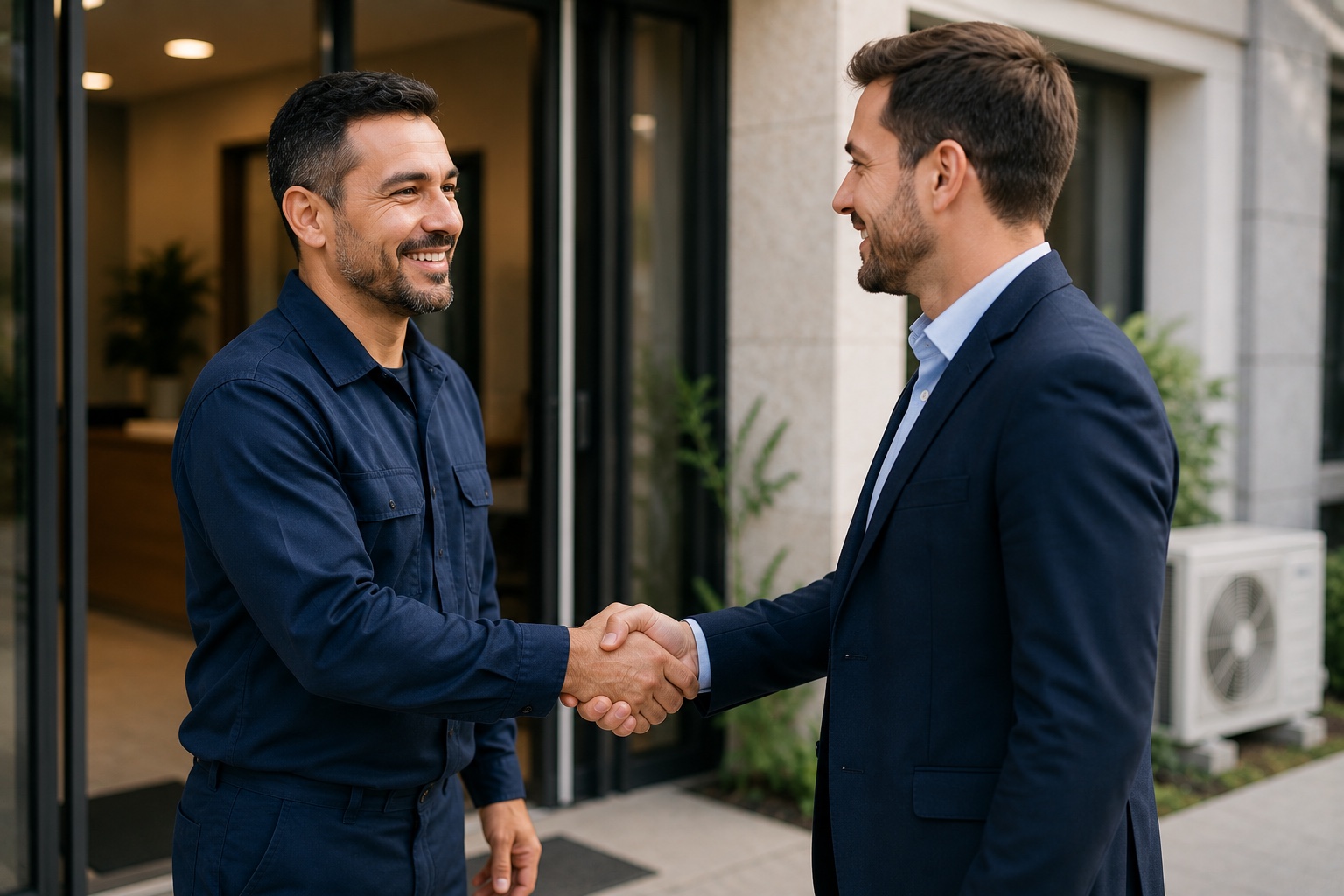 Aperto de mão entre técnico e responsável de empresa na entrada de um prédio comercial, unidade externa de ar-condicionado desfocada ao fundo