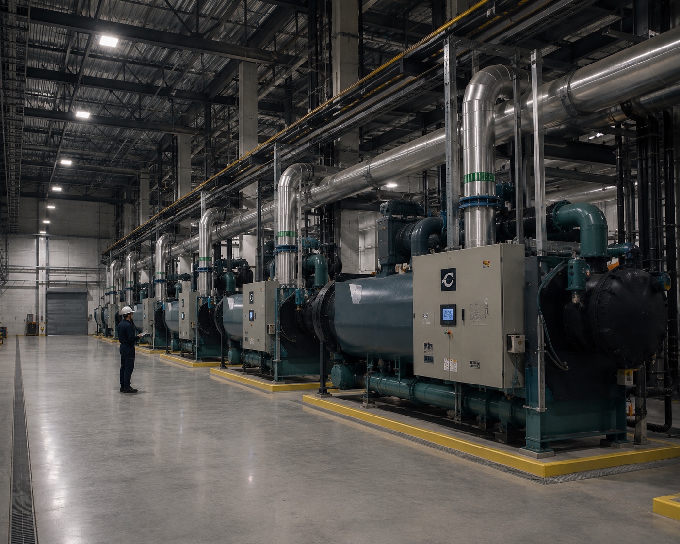 Sala de máquinas industrial com fileira de chillers e técnico ao fundo, dando escala à instalação