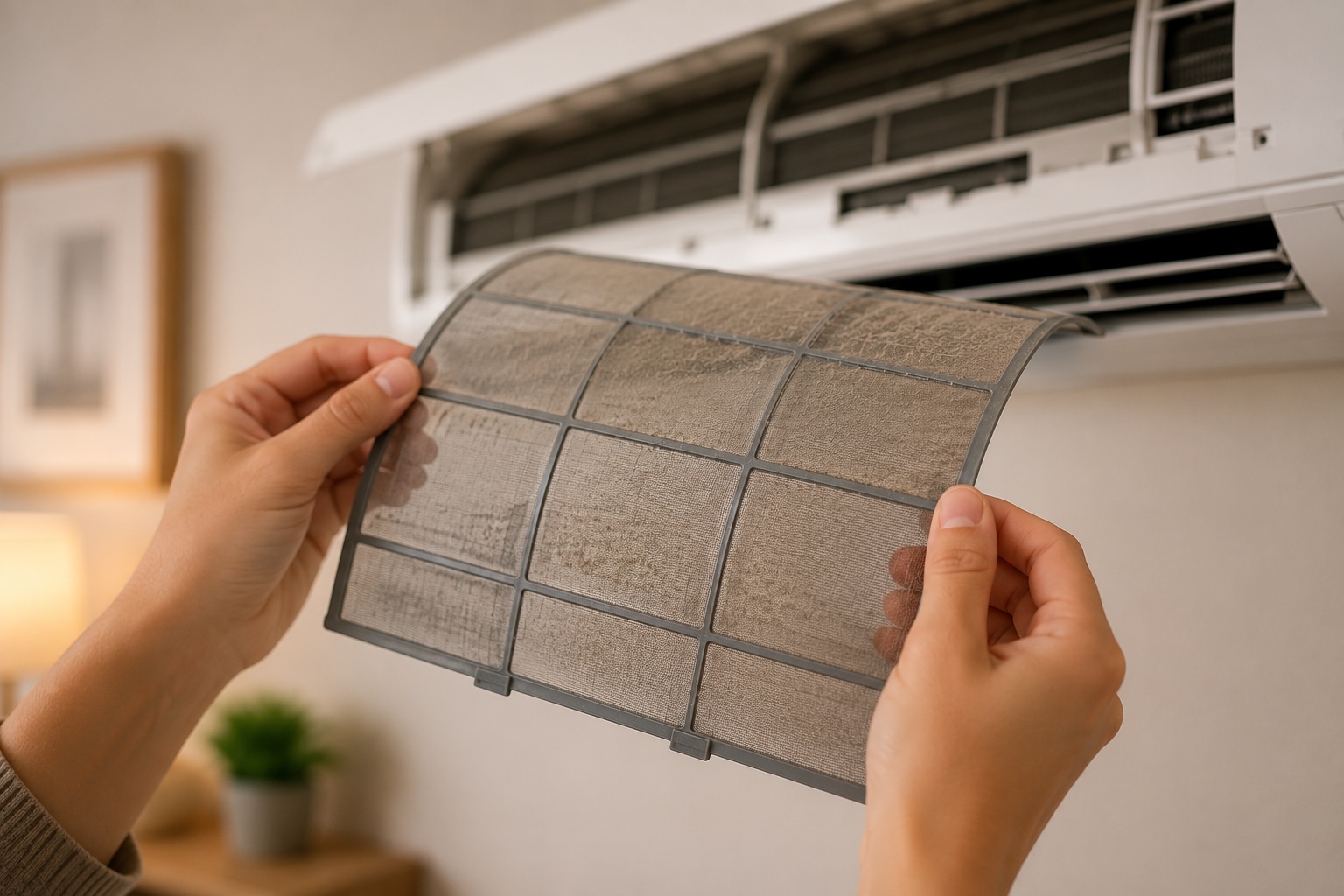 Mãos removendo e checando o filtro de um ar-condicionado split hi-wall para limpeza
