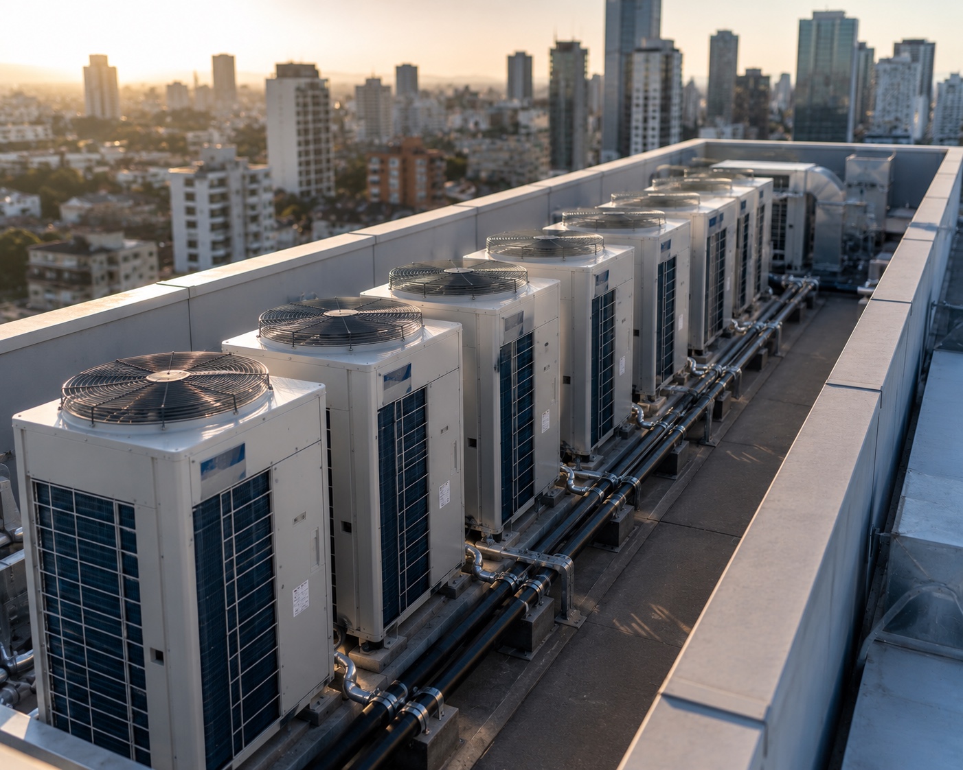 Vista aérea de telhado comercial com fileira organizada de condensadoras VRF